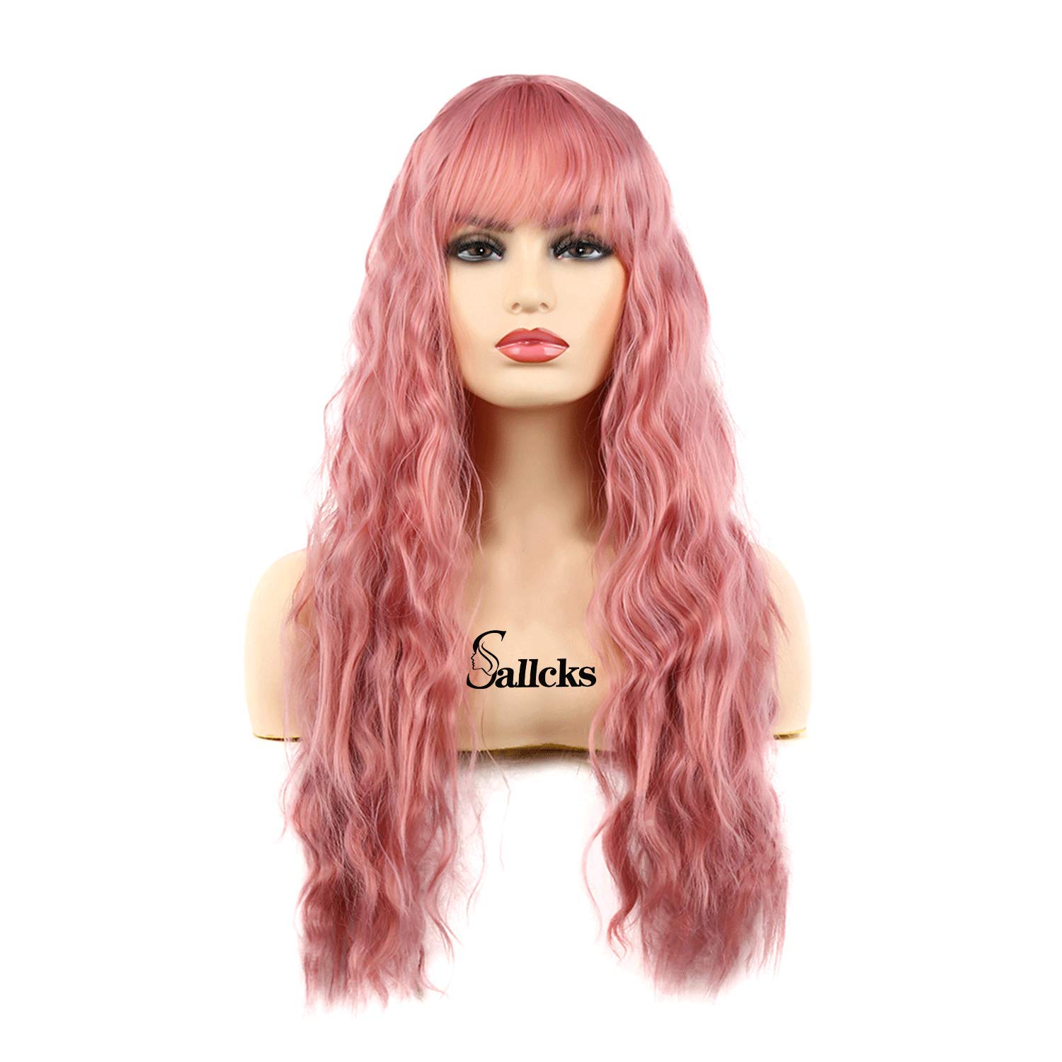 Sallcks Womens Long Curly Wavy Pink Wigs with Bangs Cosplay Costume Full Wigs Synthetic Fiber Replacement Heat Resistant Party Hair Wig with Wig Cap
