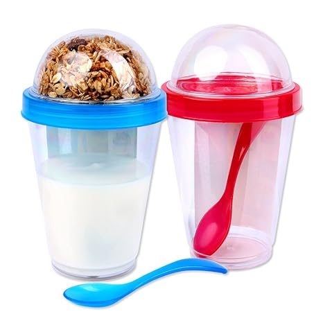 Schramm® 2 Stück Joghurtbecher to go Müsli-to-Go 4- farbig Sortiert Müslibecher inkl. Löffel Müslischale Joghurt Becher Müsli