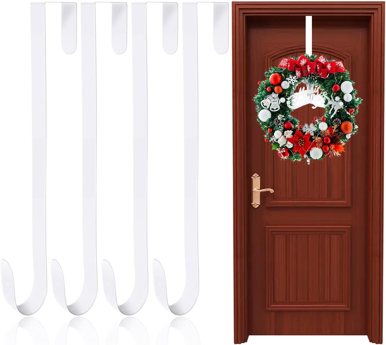 Wreath Hangers - White Front Door Hanger,Set of 4,Over The Door 15-Inch Metal Wreath Hanger,Hook for Wreaths Hanging Clothes Christmas St Patricks Day Holiday Decoration