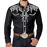 KISSQIQI Mens Western Cowboy Shirt Casual Button Down Long Sleeve Embroidered Shirts Fashion Slim Fit Design Shirts