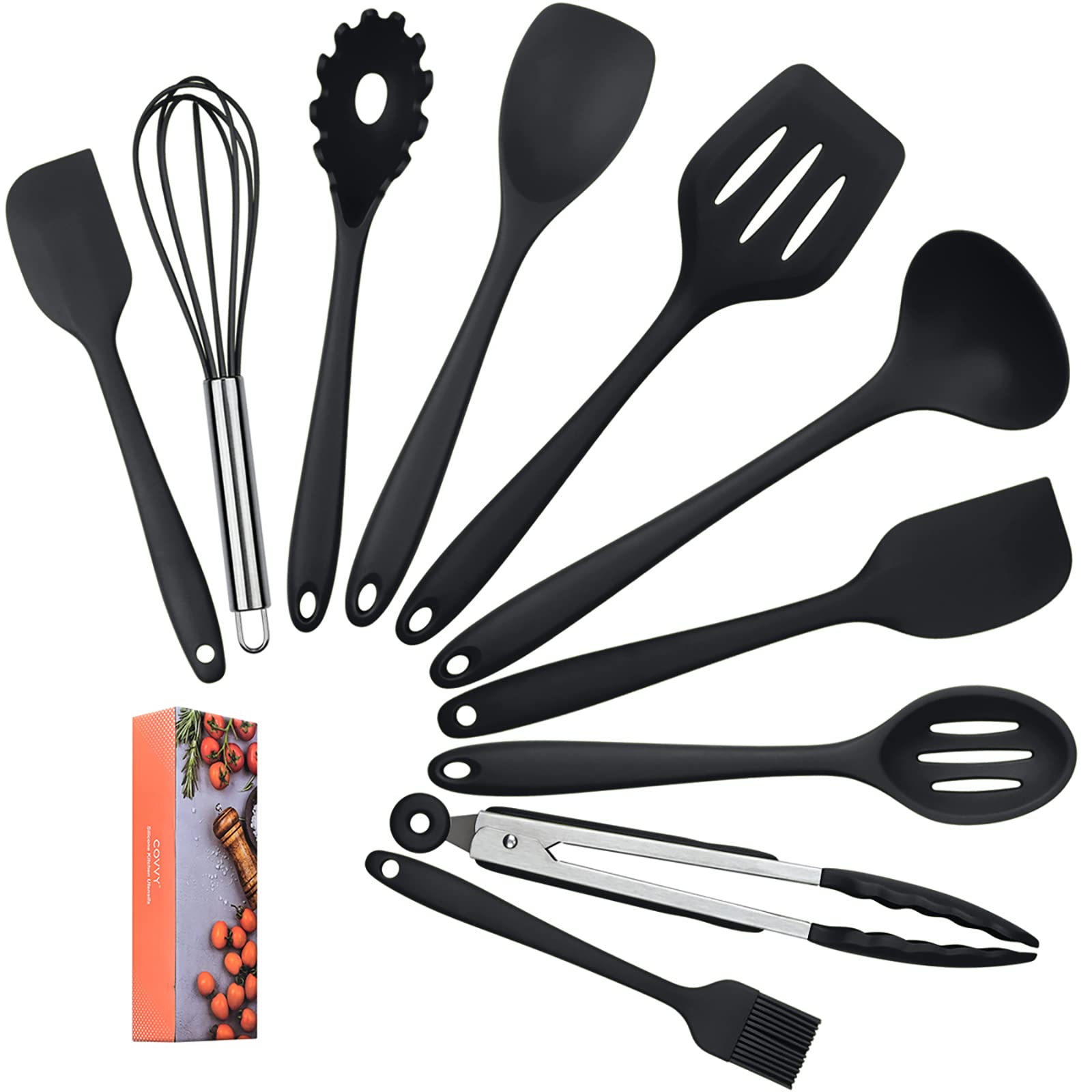 COVVY Home Silicone Kitchen Utensils Set(10 Piece) Heat Resistant Baking & Cooking Utensils Non Stick - Non Scratch Cooking Utensils Kitchen Good Helper (Black)
