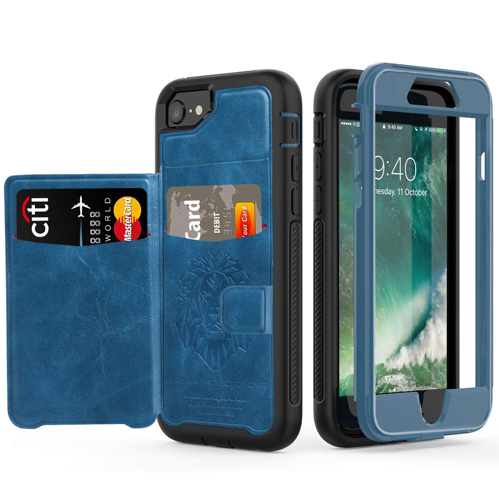 iPhone 8 Case, iPhone 7 Case iPhone 6/6s Wallet Case with Card Slot Holder Shockproof Protective PU Leather Wallet Case for Apple iPhone 8/7/6/6s (4.7 inches) [All Black] (Blue/Black)