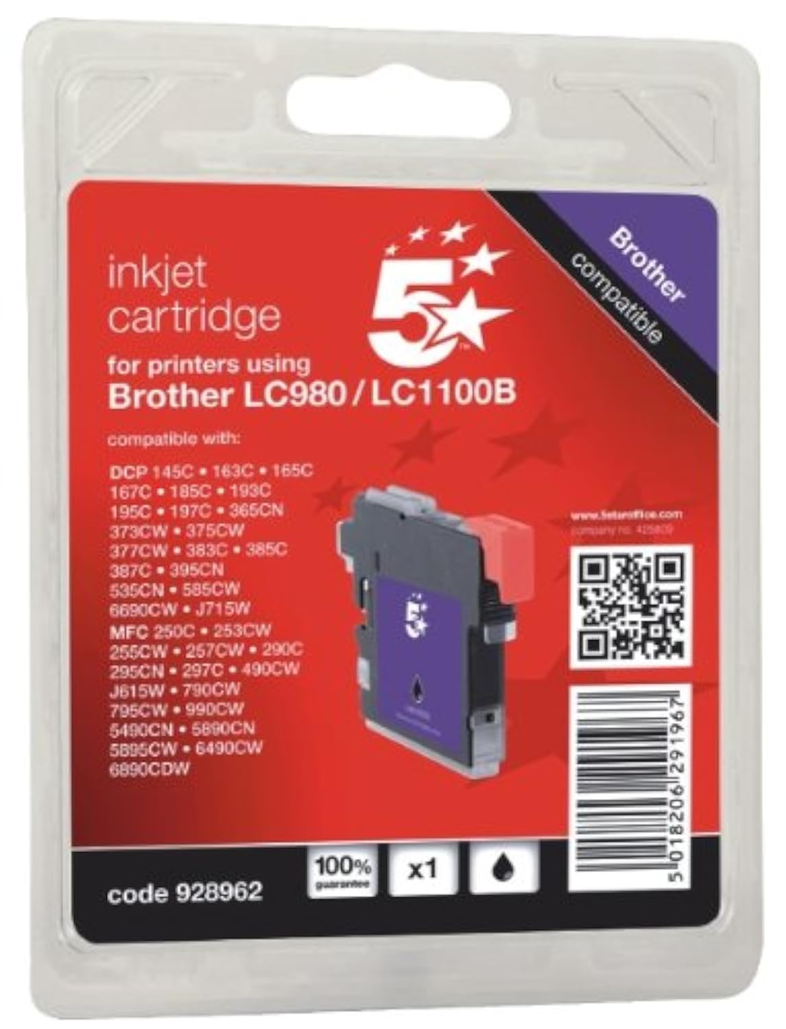 5 Star Inkjet Cartridge Page Life 450pp Black [for Brother LC1100BK] Ref 111B110001