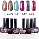 Gellen Shimmering Sheer Vibrant UV Gel Nail Polish Kit 6 Colors + Base & Top Coats, 8ml Each Manicure Salon Set