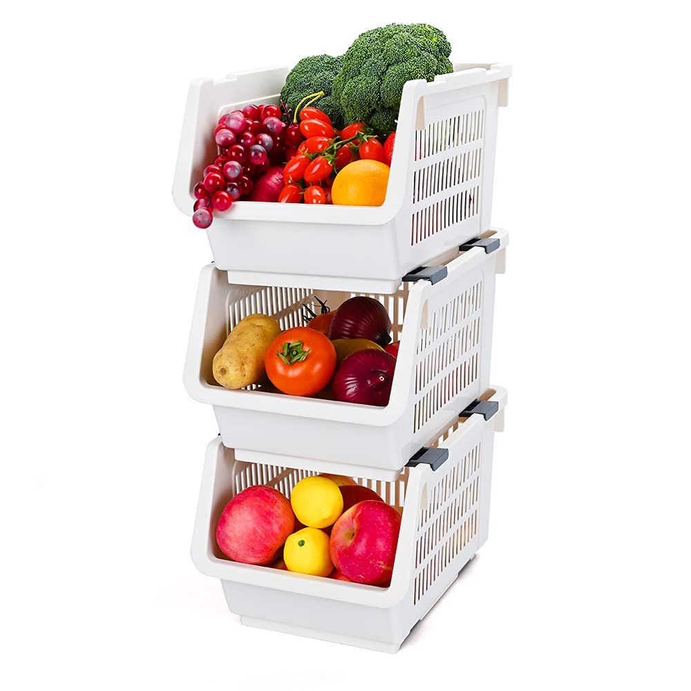 Storage Stacking Basket Set of 3,Sackable Shelves Plastic Storage Rack Stand Stacking Stackable Basket Large Stacking Storage Baskets for Vegetable Fruit Food Storage Basket Rack Organizer (Beige)