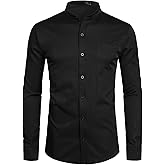 ZEROYAA Men's Banded Collar Slim Fit Long Sleeve Casual Button Down Dress Shirts with Pocket