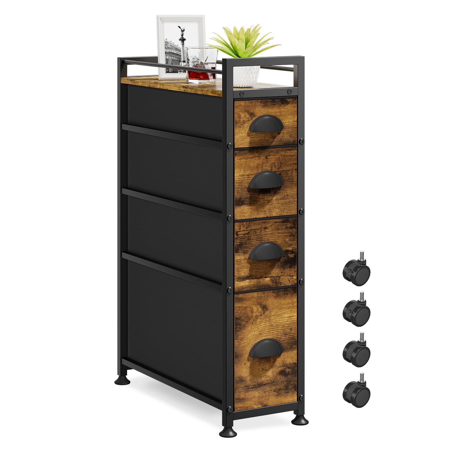 Photo 1 of LASZOLA 4 Drawer Narrow Dresser Slim Cabinet Skinny Storage Tower Chest, Ideal for Small Spaces Bathroom Bedroom, Between Washer and Dryer, Lightweight Mobile on Wheels, Sturdy Fabric Drawers, Brown