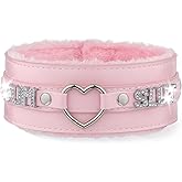 ADEMISHIA Pink Furry Heart O-ring Leather Choker Collar For Women, Handmade Punk Gothic Letter Necklace Adjustable Fashion Jewelry