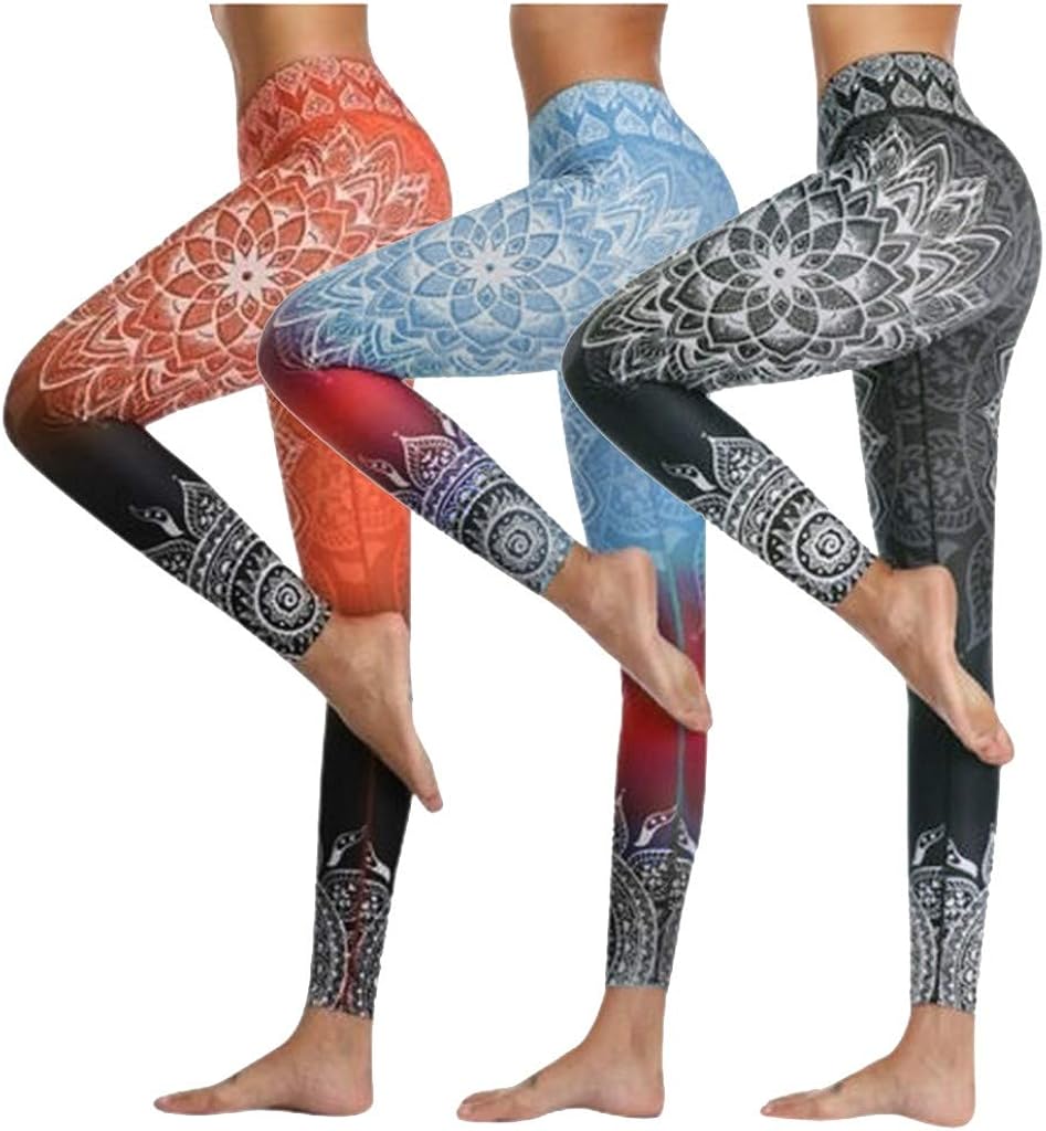 VEZAD Store Women's Tummy Control Yoga Pants Exercise Fitness Printed High-Waist Leggings: Clothing