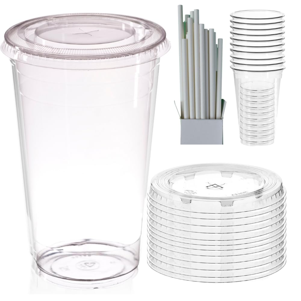 AIOS Avenue's Re-usable Takeaway Cups with Flat Lids and Paper Straws. 500ml/17oz. Pack of 50. Fits car Holders. for iced or hot Drinks.