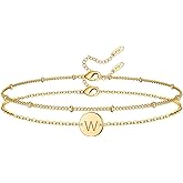 Glimmerst Initial Bracelet for Women 18K Gold Plated Stainless Steel Layered Coin Letter Bracelet Beaded Chain Personalized Name Bracelet