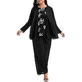 Plus Size Mother of The Bride Pant Suit 3 Piece Lace Set with Sequin Tank Elegant Wedding Guest Formal Outfit