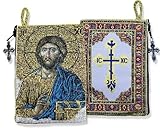 Religious Gift Cloth Tapestry Byzantine Icon Christ Jesus Rosary Zipper Close Pouch Keepsake Holder 2 Sided