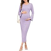 AISWI Maternity Dress Ribbed Knit Long Sleeve Round Neck Bodycon Mid Pregnancy Dresses Casual Baby Shower Bell Sleeve