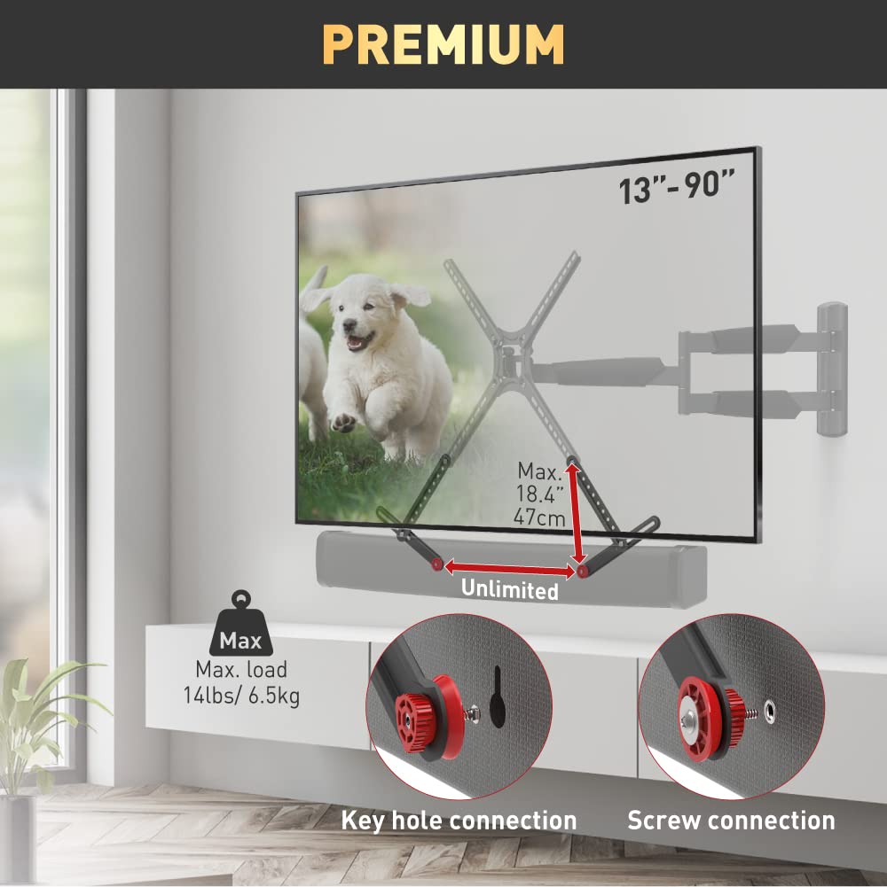 Barkan Universal Soundbar Mount, Adjustable Bracket for Mounting Above or Under The TV, Sizes 13-80 inch, Fits Most of Sound Bars Up to 14 lbs, Easy Assembly Black