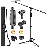 CAHAYA Tripod Mic Stand Boom Arm Floor One-Button Release Height Adjustable | Microphone Stand Portable with Carrying Bag 2 Mic Clips Max Height 65.3" for Singing Performance Wedding Stage Meeting