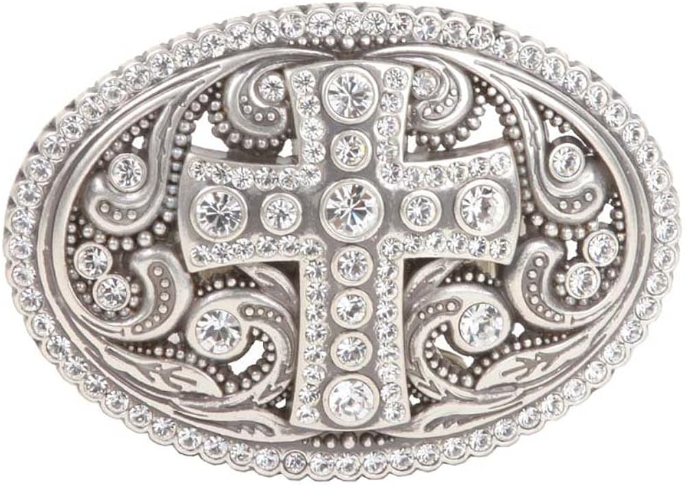 Perforated Oval Rhinestone Religious Cross & Flower Engraving Belt Buckle: Clothing