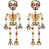 Gothic Rhinestone Skeleton Drop Dangle Earrings Skull Bone Gothic Crystal Faux Pearl Ghost Punk Personality Halloween Theme Party Jewelry for Women -Colorful