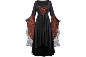 FARTEY Halloween Dress for Women Lace Vneck Bell Sleeve Witch Dress Plus Size Vintage Gothic Victorian Dresses Costumes
