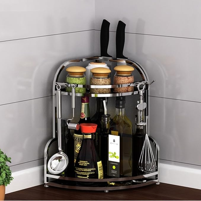 WT Shelving Unit BJLWT 201 Stainless Steel Corner Kitchen Shelf with Hook 2Tier