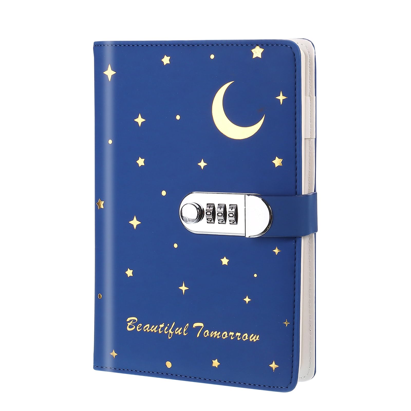 PATIKIL A5 Diary with Lock, Journal with Lock Cute Journaling Leather Notebook Journal 120 Pages Stars Moon Diary with Pen Slot Card Slot Waterproof for Women Gifts, Navy Blue