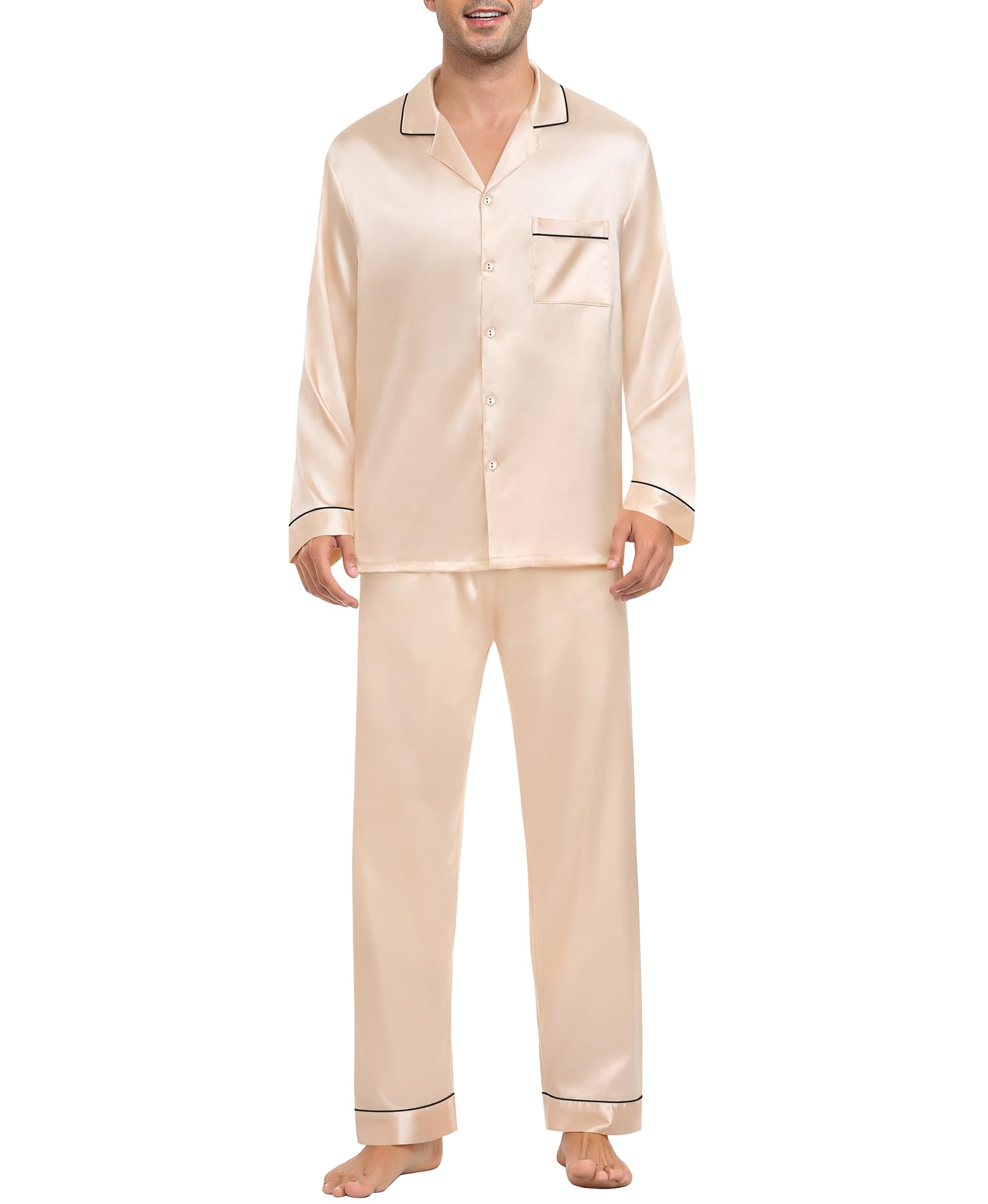 Photo 1 of **Only bottoms**SWOMOG Mens Silk Pajamas Set Satin Long Sleeve Button Down 2 PCS Sleepwear V Neck Classic Loungewear Pjs with Long Pants Champagne