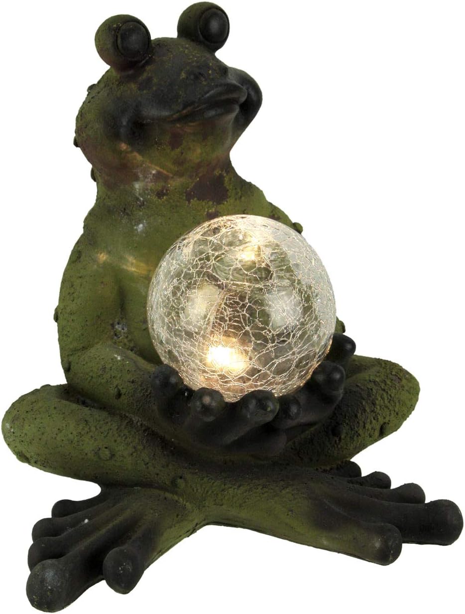 Distressed Green Cross Legged Frog with Solar LED Crackle Glass Ball Statue