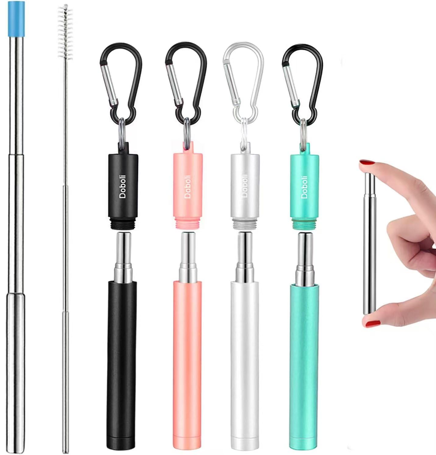 Photo 1 of 4 Pack Reusable Metal Straws Collapsible Stainless Steel Drinking Straw Travel Portable Telescopic Straw with Case for Cruise Ship Essentials Black-Rose Gold-Silver-Turquoise