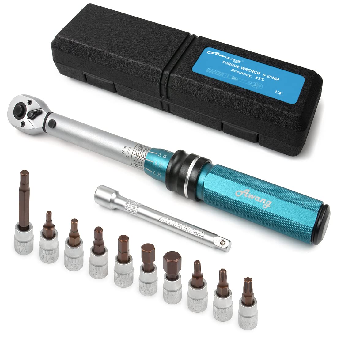 Awang 1/4 Inch Drive Click Torque Wrench Set 5-25 Nm, 72-Tooth Bicycle Torque Wrench Set, High Precision ± 3% Tool Repair Kit for Road Bikes and Mountain Bikes