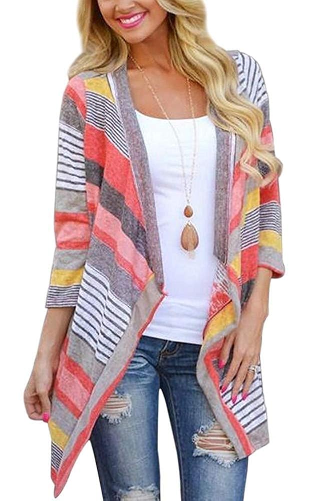 BISHUIGE Women's 3/4 Sleeve Cardigans Striped Printed Open Front Draped