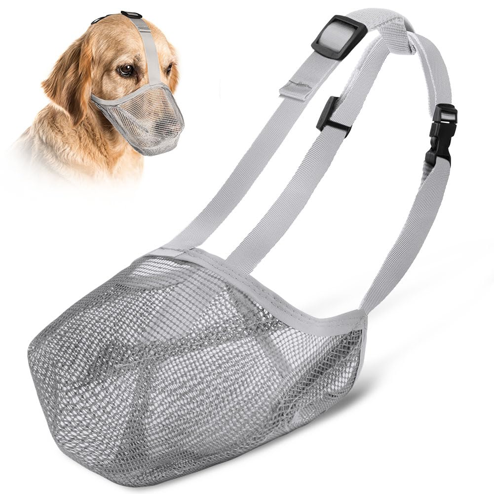 vsshe Dog Muzzle, Soft Adjustable Mesh, Breathable Pet Mask, Prevent Eating Biting Chewing, Dog Mouth Guard Cover, Grey, XL (Snout 31-34CM)