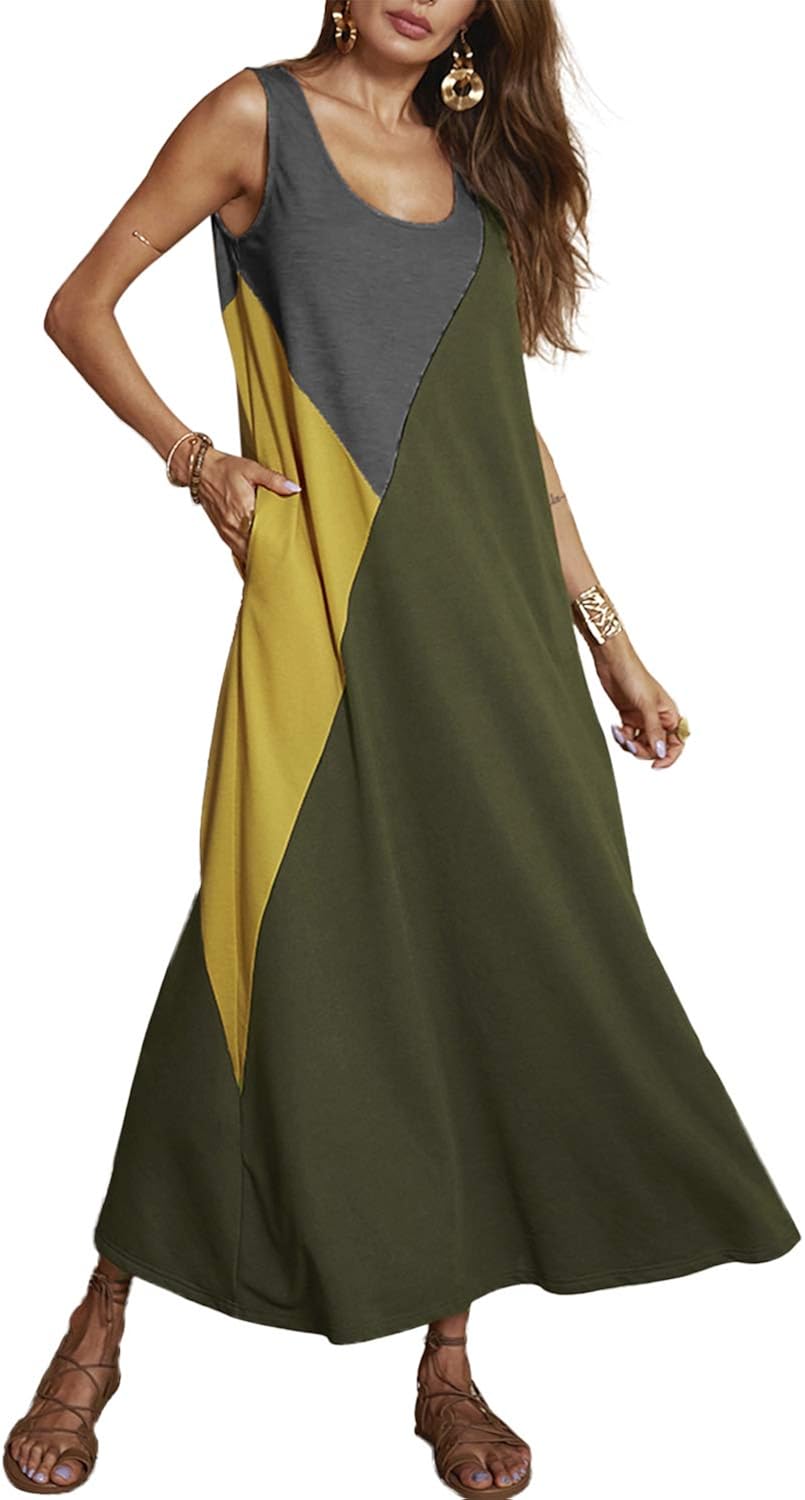 YOINS Summer Maxi Dresses for Women Sleeveless Sexy Contrast Color Loose Casual Patchwork Beach