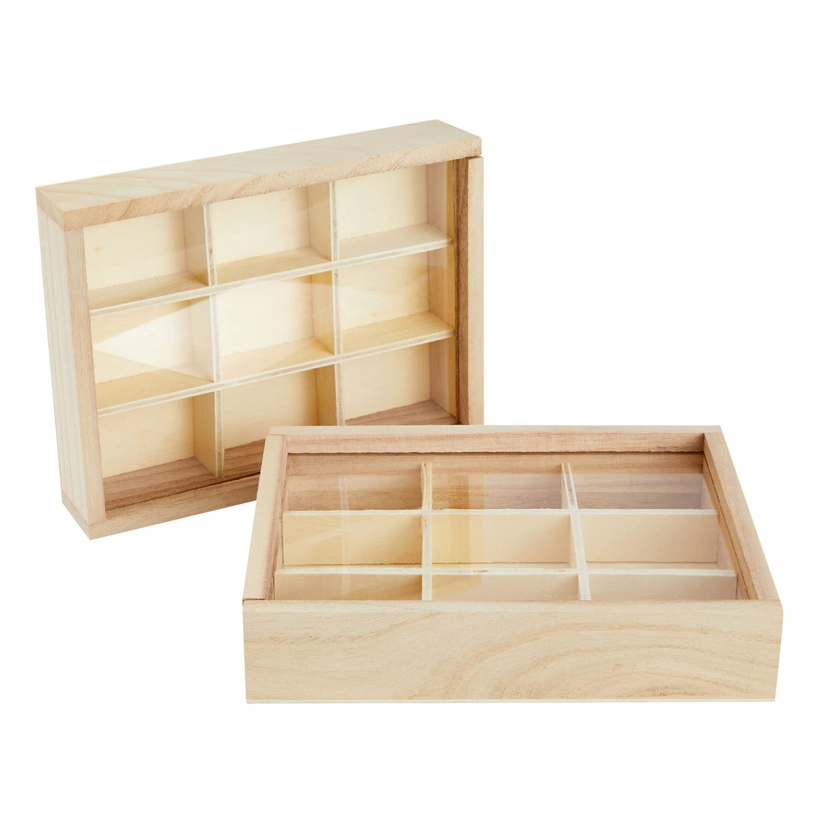 Small Unfinished Wood Boxes with Clear Lids, 2-Pack of Storage Boxes with 9 Compartments for Jewellery, Collectibles, 17 x 3.5 x 13 cm Each