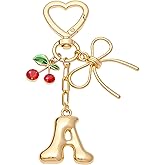Snycler Bubble Initial Keychain for Women, Gold Letter Charm with Cherry & Bow, Cute Bag Accessories for Purse Backpack