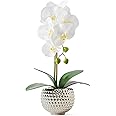 Hisow Fake Flowers with Vase, Large Orchids Artificial Flowers in Silver Pot Fake Orchid Fake Plant in Pots Artificial Flowers for Home Decor Indoor Table Centerpiece Bathroom Decoration