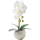 Hisow Fake Flowers with Vase, Large Orchids Artificial Flowers in Silver Pot Fake Orchid Fake Plant in Pots Artificial Flowers for Home Decor Indoor Table Centerpiece Bathroom Decoration