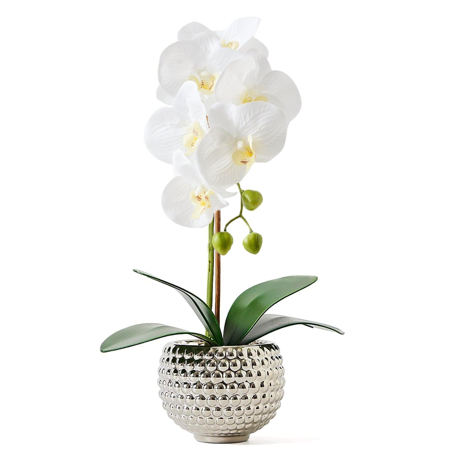 Photo 1 of Hisow Fake Flowers with Vase, Large Orchids Artificial Flowers in Silver Pot Fake Orchid Fake Plant in Pots Artificial Flowers for Home Decor Indoor Table Centerpiece Bathroom Decoration
