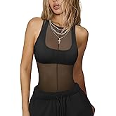 Sexy Mesh Sheer Tops for Women See Through High Neck Low Cut Scoop Back Slim Fitted Tank Mesh Shirt Going Out Tops