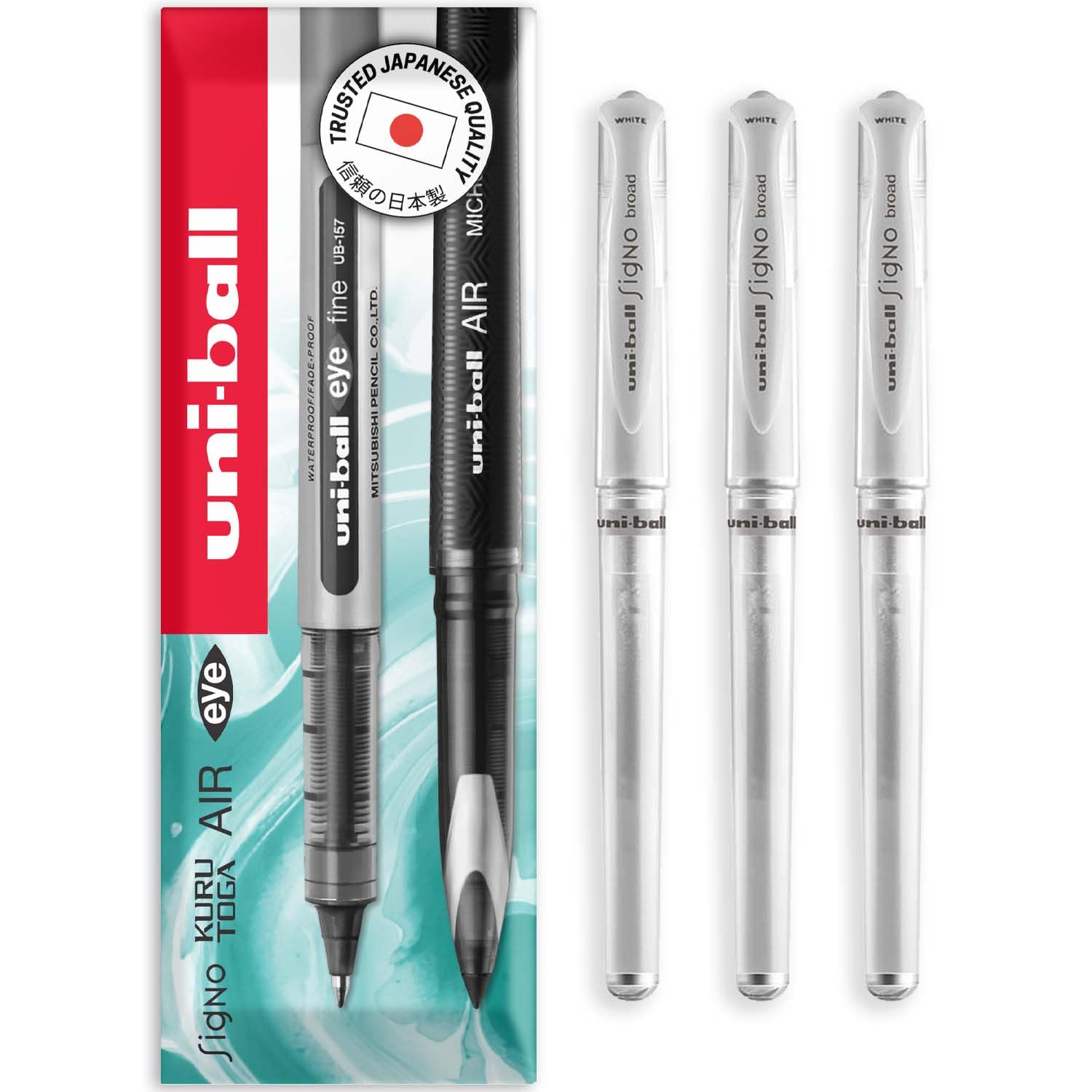 uni-ball Signo Pen - UM-153 Broad Metallic Gel Ink Rollerball - Metal 1.0mm Tip Nib - Rubber Grip - In Envelope Gift Packaging (Pack of 3, White)