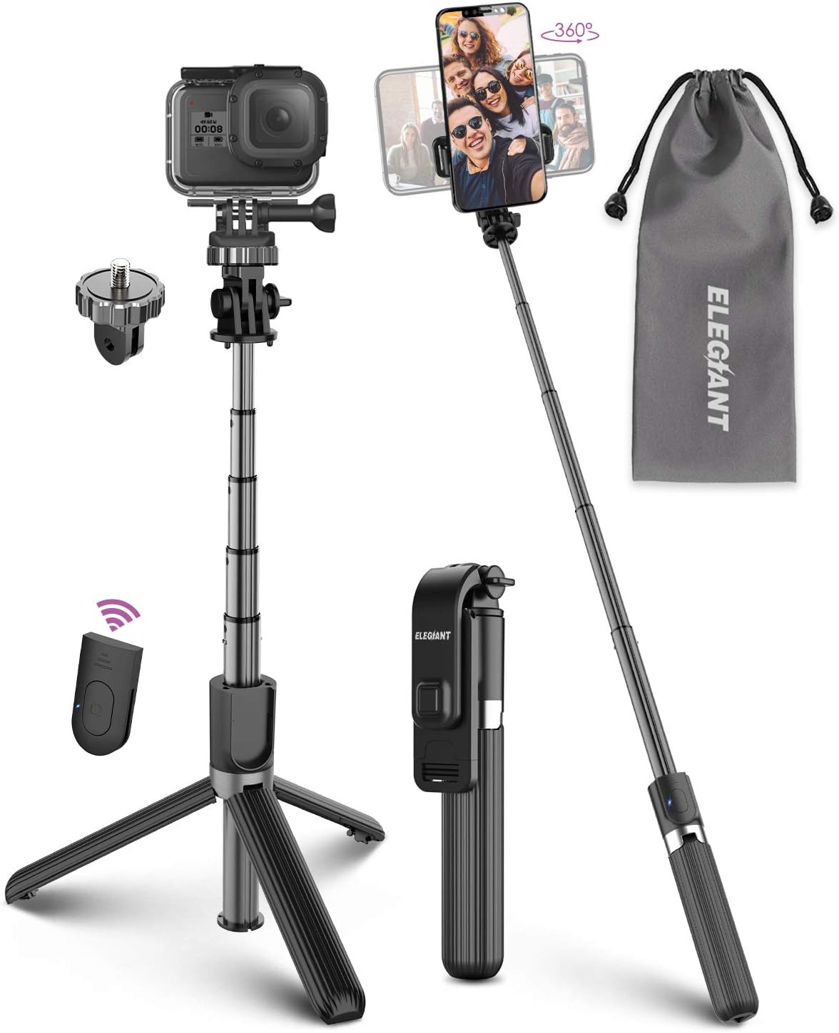 Palo Selfie Trípode, ELEGIANT Selfie Stick 4 en 1 con Control Remoto Bluetooth, Calidad Aluminio, para Cámara Deportiva, Gopro, para Viaje Rotación de 360° Compatible con iOS Android (4-6.8 Pulgadas)