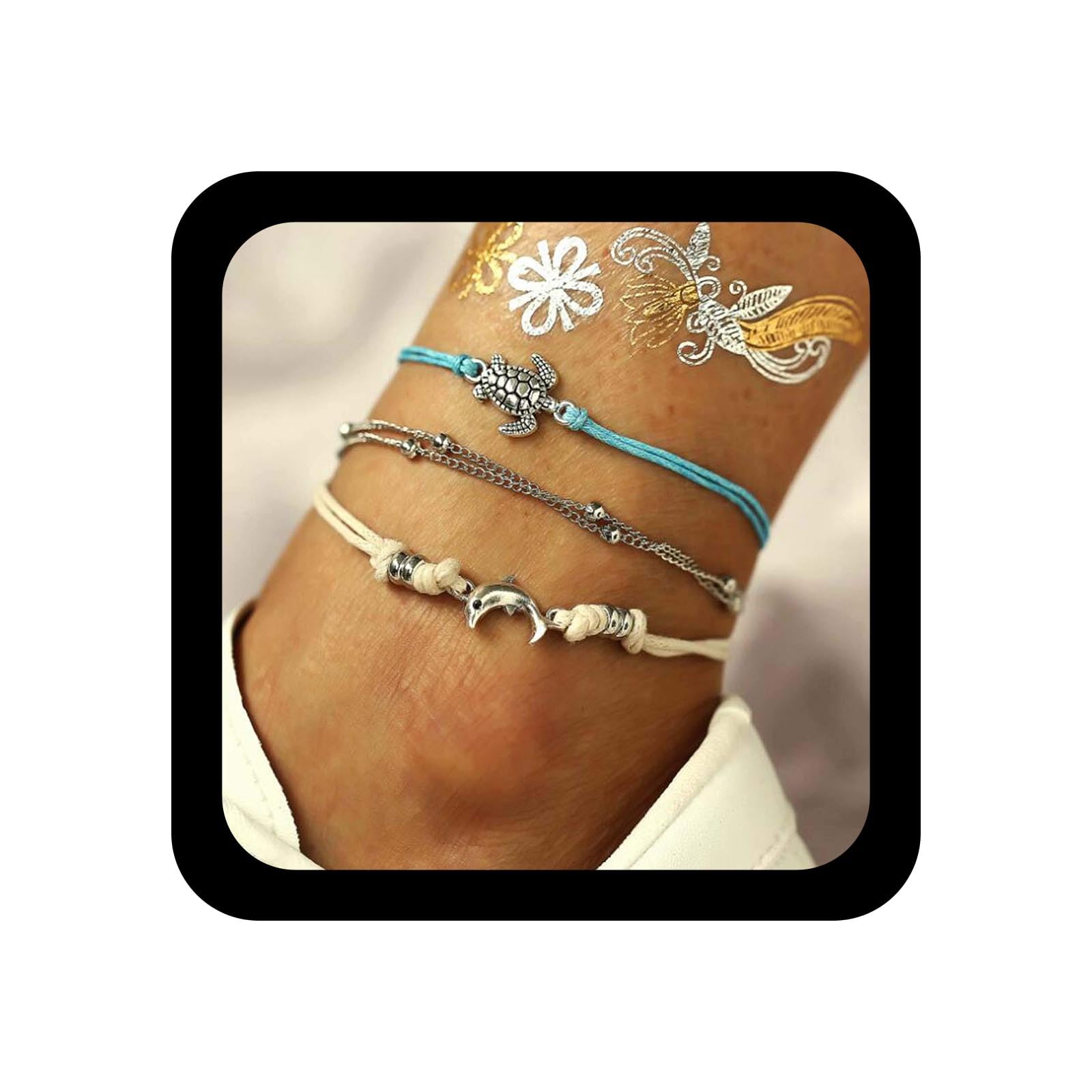 TseenYi Boho Turtle Dolphin Anklets Layering Rope Cord Ankle Bracelet Summer Woven Anklet Beach Foot Chain Accessories Jewelry for Women and Girls