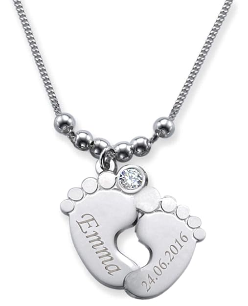 KIDDI-MEDIA Doppel - Babyfuß Anhänger inkl. Gravur des Namen+Geburtsdatum Mit farbigem Geburtsmonat Swarovski Kristall (Gebur