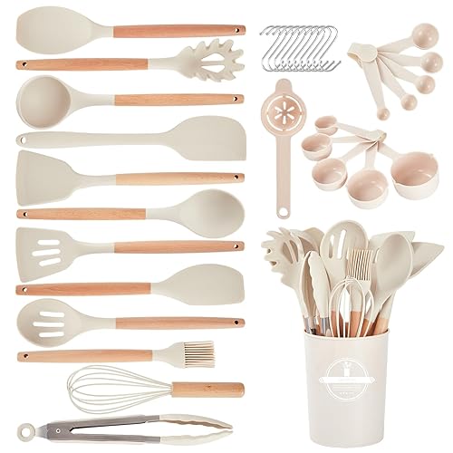 Gaixvny Kitchen Utensils Set - 34 PCS Non-Stick Silicone Cooking Utensils Set with Wooden Handle,Kitchen Gadgets Tools Set for Nonstick Cookware (Cream White-34P)