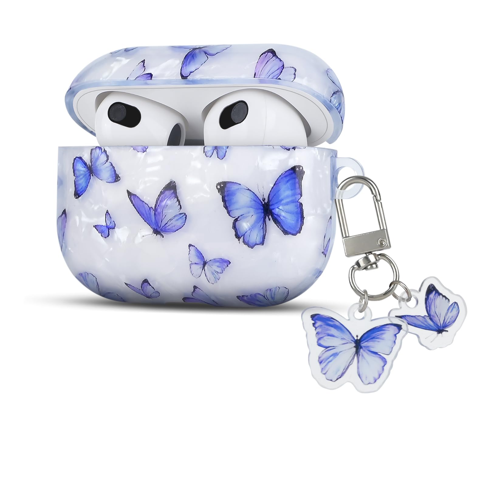 DiyGody Compatible for Airpod 3rd Generation Case with Cute KeyChain Butterfly Shell Design Soft TPU Full Protection Cover Air Pods Case 3rd Generation for Women Girls-Blue