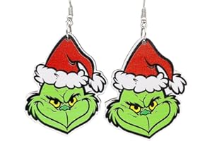 GYRMMUE Green Monster Earrings Terror Santa Drop Dangle Earrings Christmas Wooden Asymmetric Earrings Christmas Hat Drop Earrings Claus Anime Christmas Hat Xmas Holiday Jewelry for Women Girls