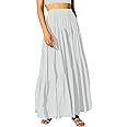 ANRABESS Women’s Boho Elastic High Waist Pleated A-Line Flowy Swing Asymmetric Tiered Maxi Long Skirt Dress with Pockets