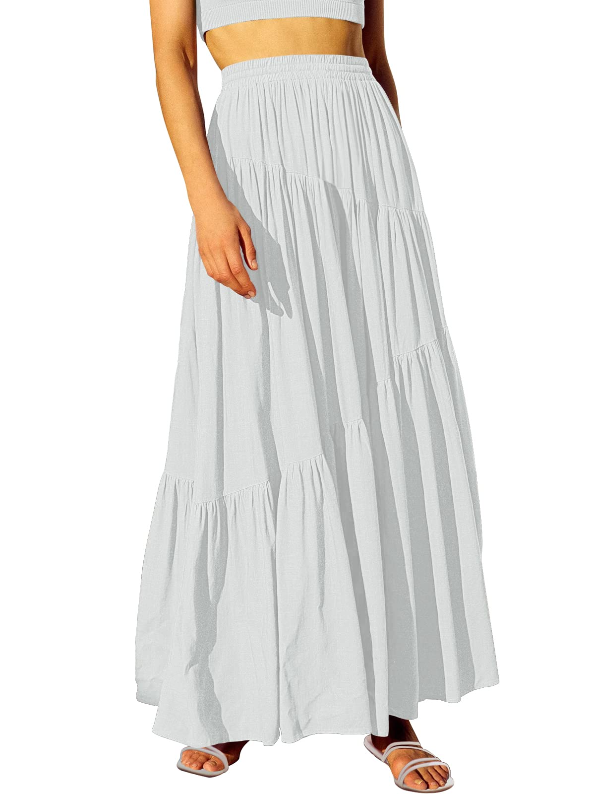 Photo 1 of ANRABESS Women’s Boho Elastic High Waist Pleated A-Line Flowy Swing Asymmetric Tiered Maxi Long Skirt Dress with Pockets White Large