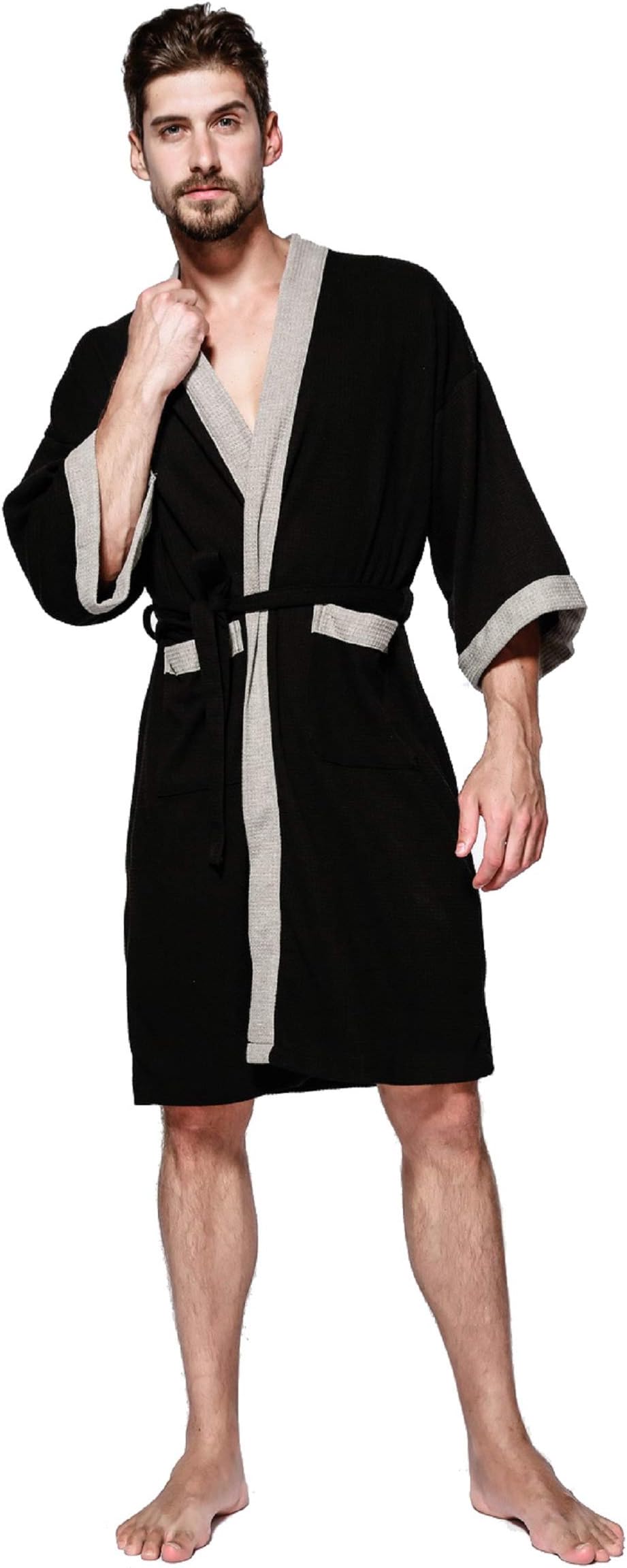 Semir Men's Kimono Robe Cotton Waffle Spa Bathrobe Lightweight Soft Knee Length Sleepwear with Pockets
