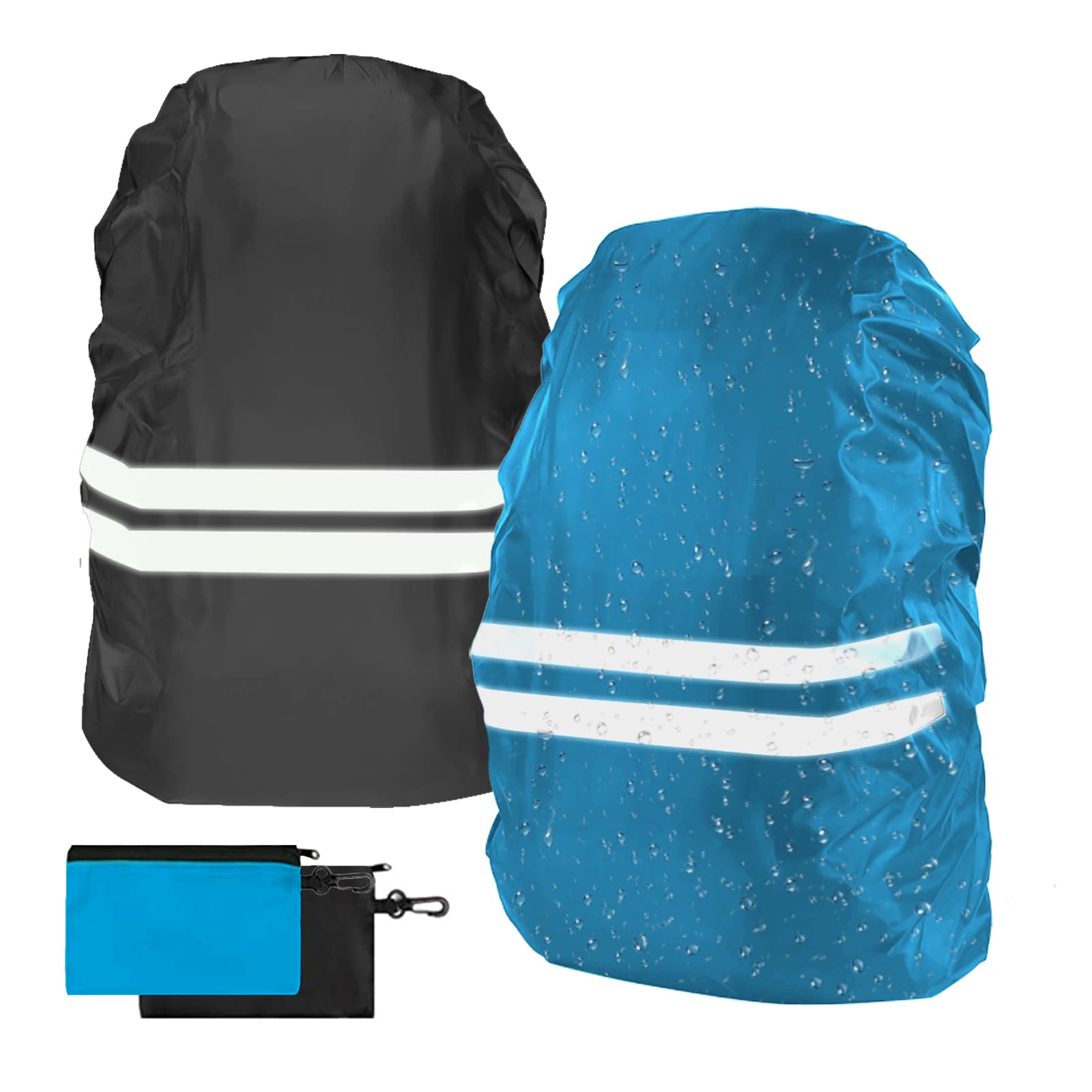 flintronic Backpack Waterproof Cover, 2 Pack Reflective Rucksack Cover, High Visibility Backpack Cover for Cycling, Running & Hiking (S 18-30L, Black & Blue)