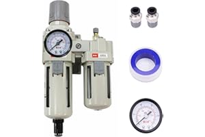 RIH Pneumatics Compressed Air Filter Regulator Lubricator Combo Water/Oil Trap Separator - Gauge(0-150 psi), Auto Drain, Poly